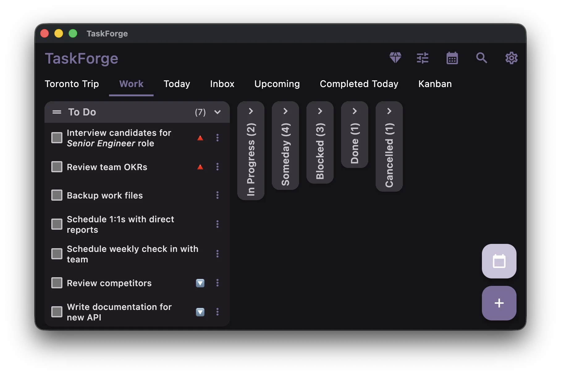 열로 정리된 작업이 표시된 macOS의 TaskForge 칸반 보드