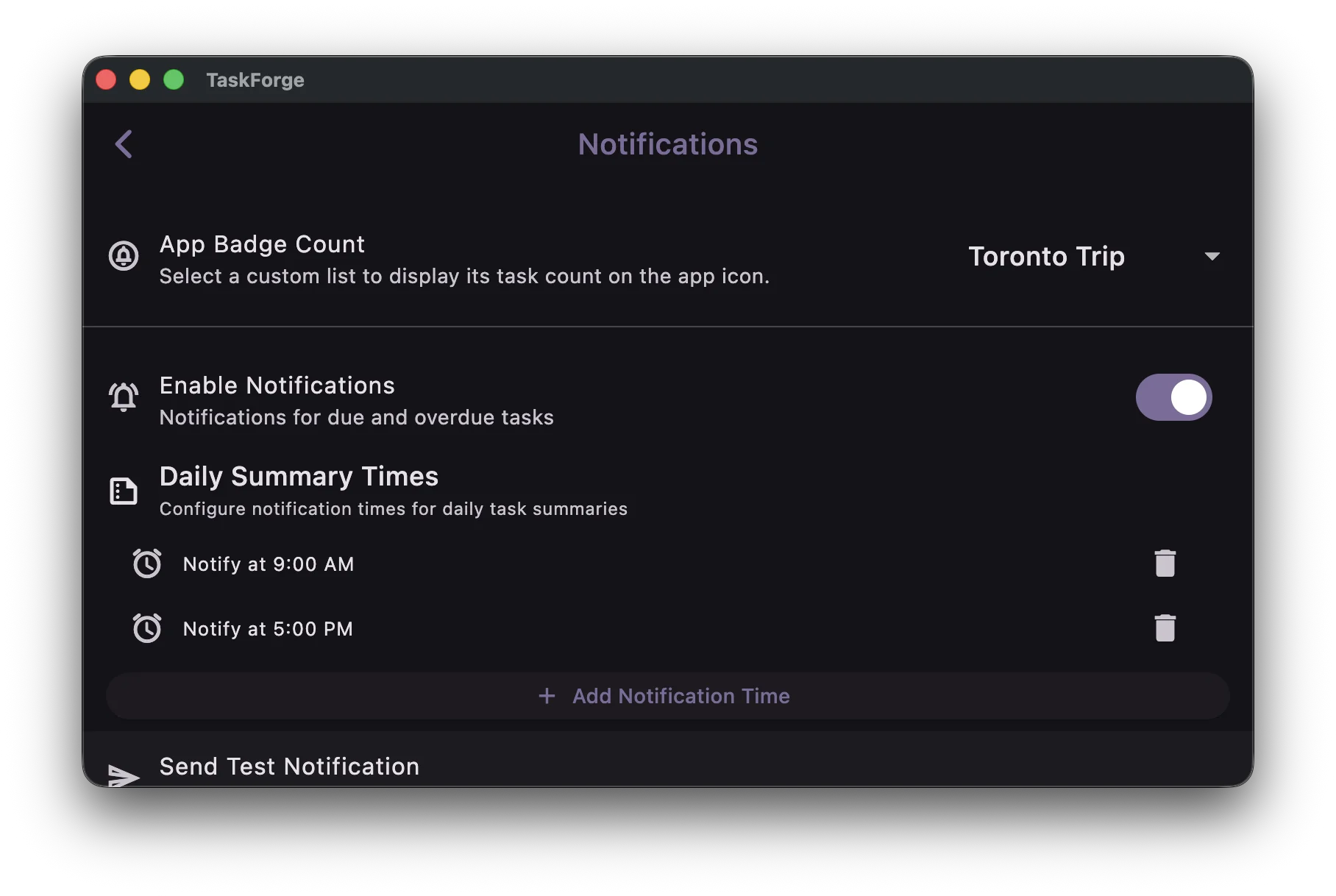 TaskForge notifications on macOS showing smart reminders and alerts