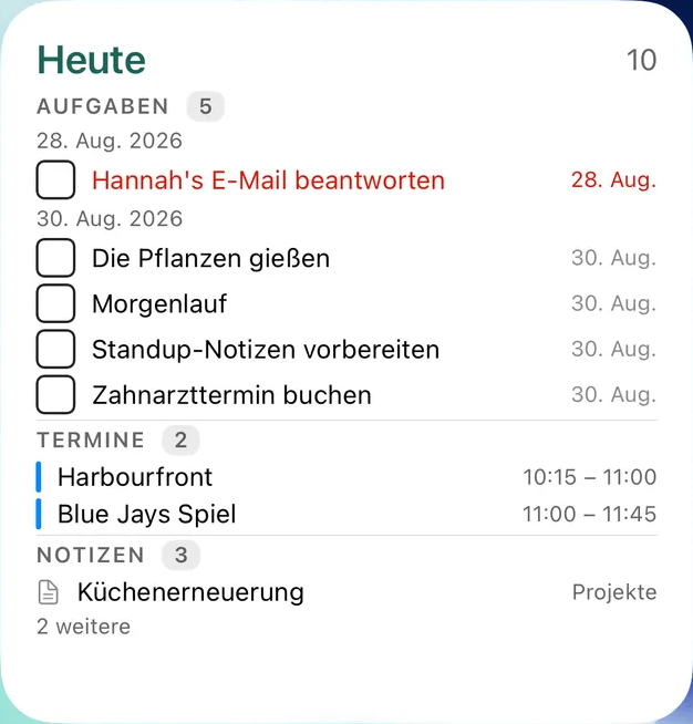 TaskForge-Widget „Heute“ auf dem iPhone mit Aufgaben nach Fälligkeit, darunter Kalendertermine und Notizen