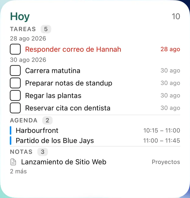 Widget de Hoy de TaskForge en iPhone con tareas por fecha de vencimiento y, debajo, eventos de calendario y notas