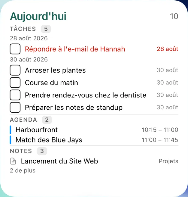 Widget « Aujourd'hui » de TaskForge sur iPhone avec les tâches classées par échéance, puis les événements du calendrier et les notes