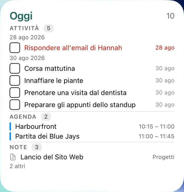 Widget «Oggi» di TaskForge su iPhone con le attività per scadenza, sotto gli eventi del calendario e le note