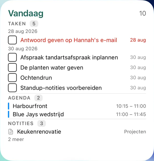 TaskForge-widget Vandaag op iPhone met taken op deadline, daaronder agenda-afspraken en notities