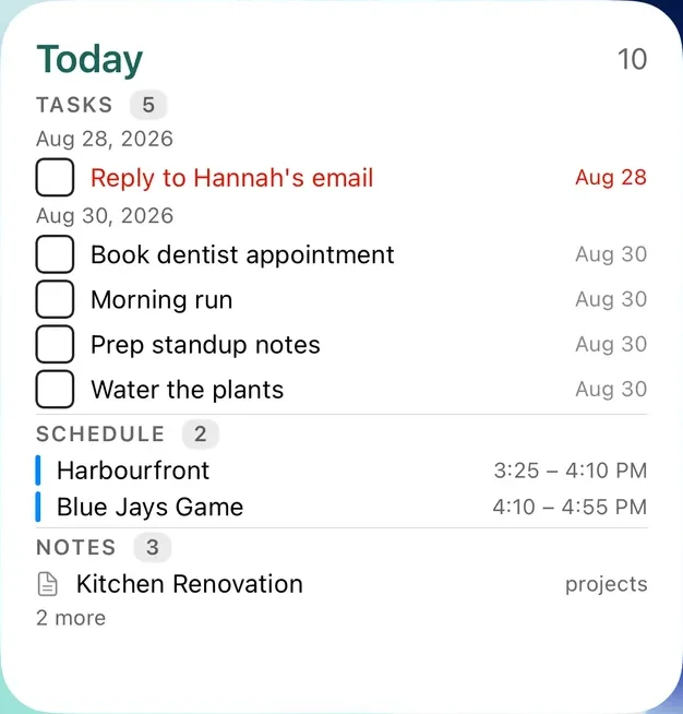 TaskForge Today widget with sample tasks, notes and calendar events on iPhone