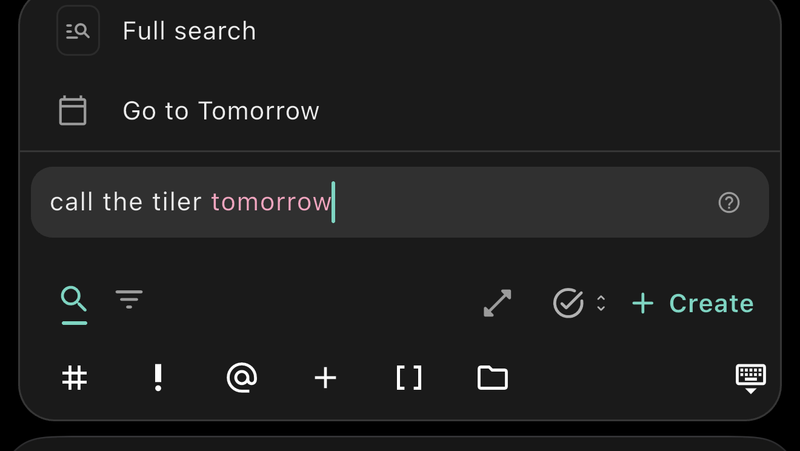 The iPhone omnibar with "call the tiler tomorrow" typed and tomorrow parsed as a date.