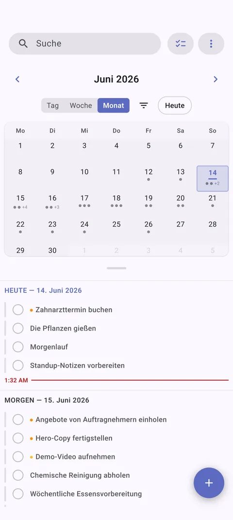 TaskForge Android-Kalenderansicht mit Aufgabenplanung und Fälligkeitsdatumsverwaltung mit Material Design-Kalenderschnittstelle