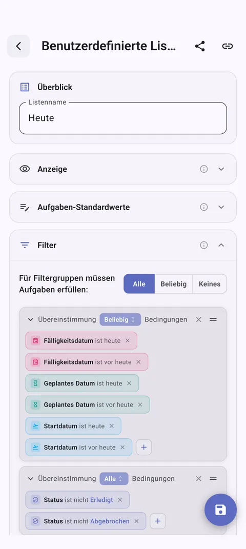 TaskForge Android benutzerdefinierte Aufgabenlisten mit personalisierter Organisation mit Material Design und Android-optimierter Filterung