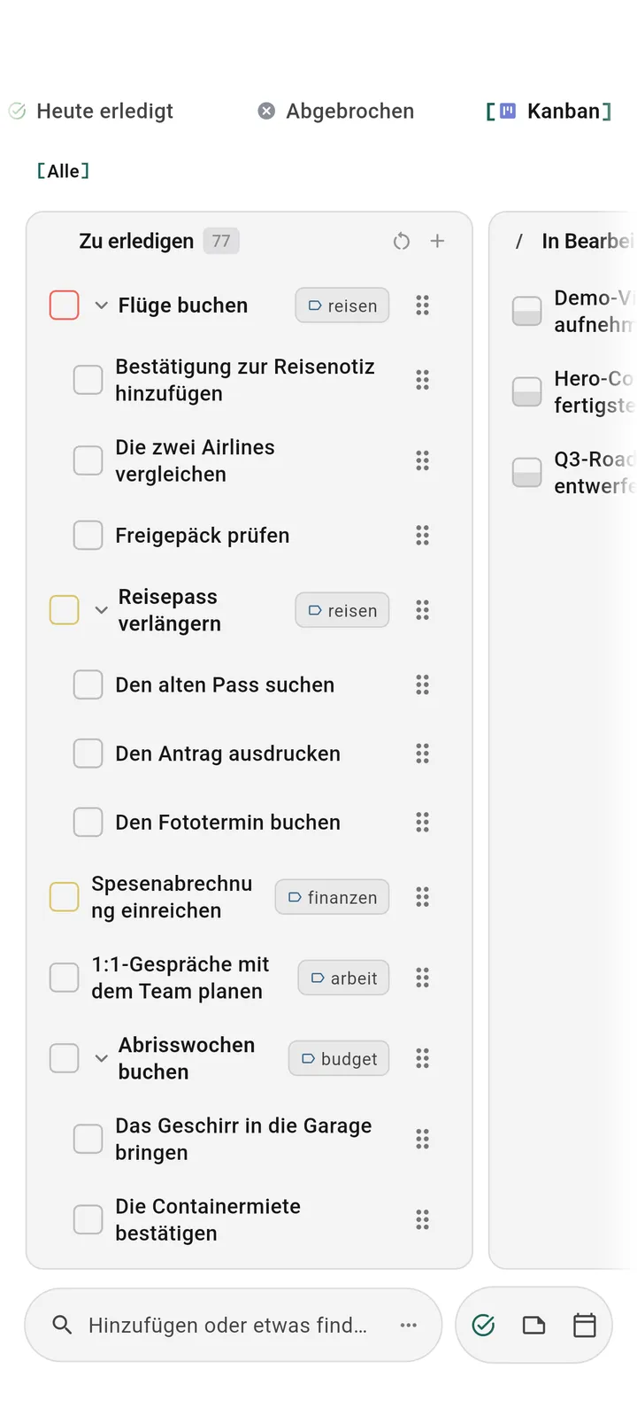 TaskForge Android-Kanban-Board-Ansicht mit visueller Aufgabenorganisation optimiert für Android-Touch-Oberfläche