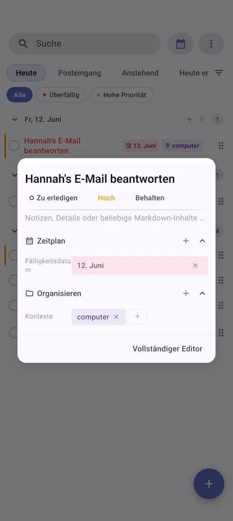 TaskForge Android-Aufgabenverwaltungsschnittstelle mit erweiterten Bearbeitungsfunktionen mit Android-nativen Steuerelementen und Material Design