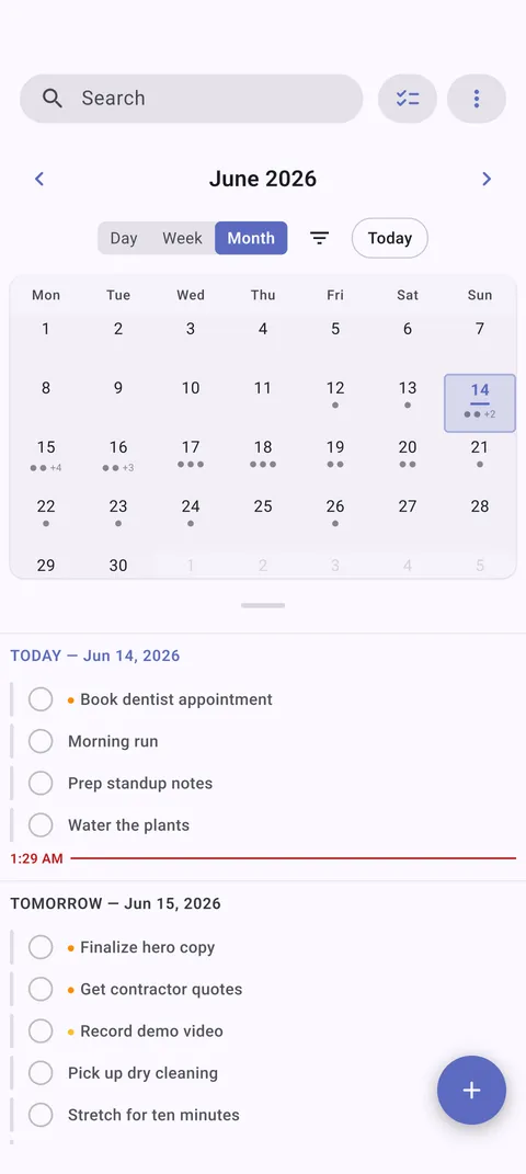 TaskForge Android calendar view showing task scheduling and due date management with Material Design calendar interface