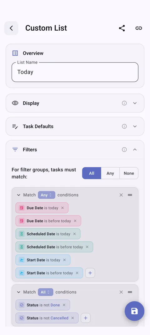 TaskForge Android custom task lists showing personalized organization with Material Design and Android-optimized filtering