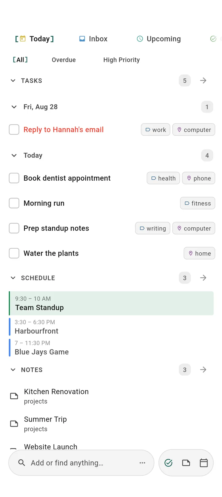 TaskForge Android Obsidian task manager app with Material Design showing mobile spaces, GTD project management, and native Android navigation for daily planning