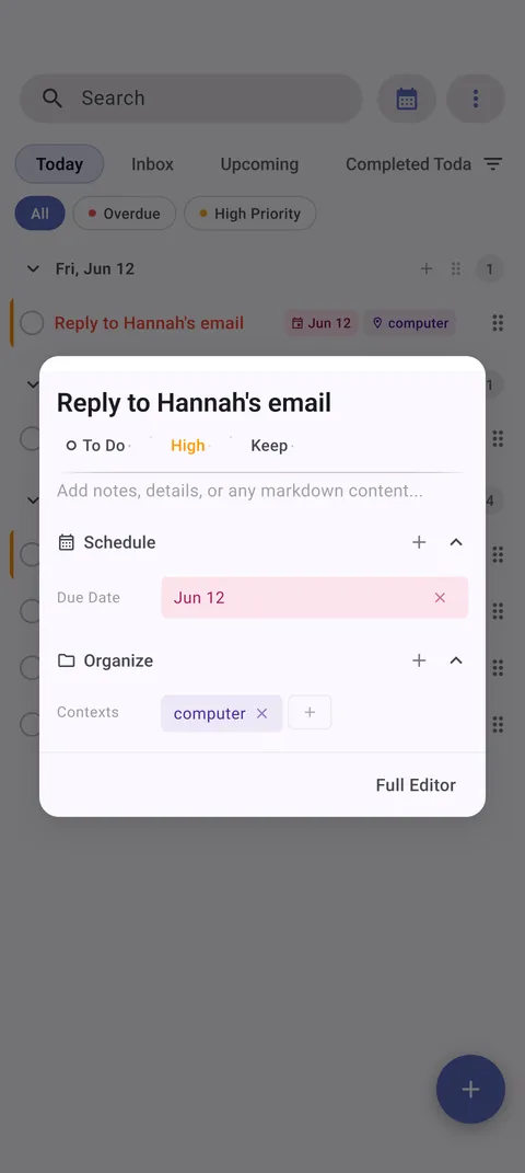 TaskForge Android task management interface showing advanced editing capabilities with Android-native controls and Material Design