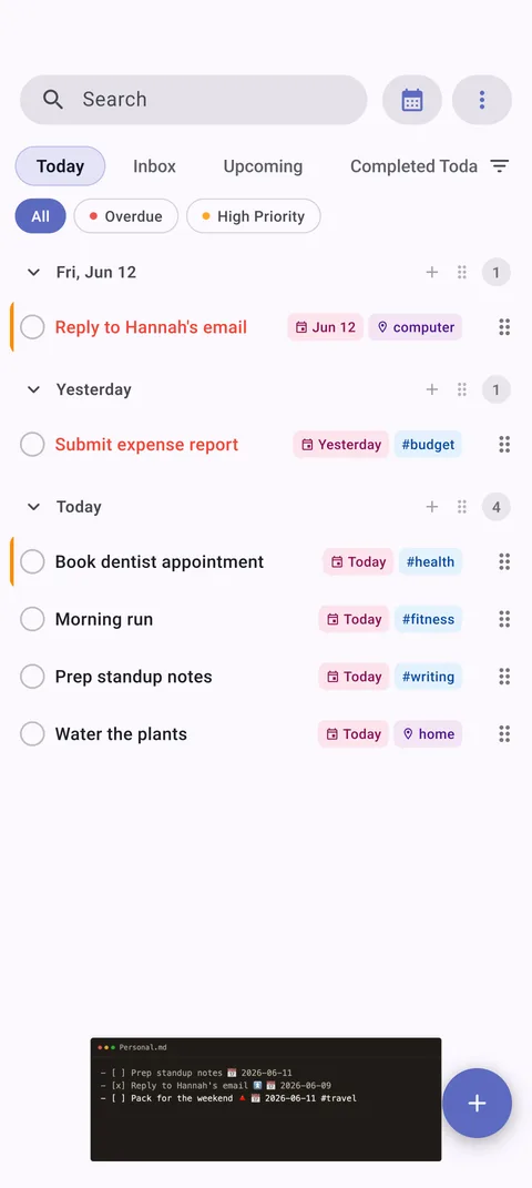 TaskForge Android vault configuration showing direct Obsidian integration with Material Design and Android file system access