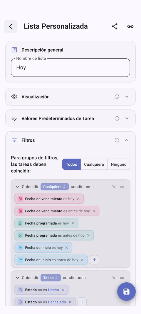 Listas de tareas personalizadas de TaskForge para Android mostrando organización personalizada con Material Design y filtrado optimizado para Android