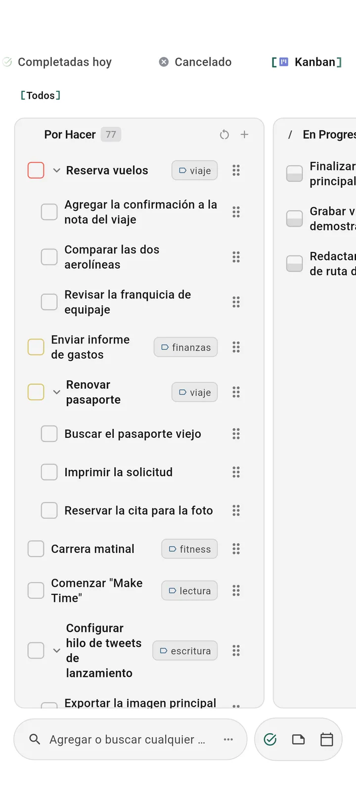 Vista de tablero kanban de TaskForge para Android mostrando organización visual de tareas optimizada para interfaz táctil de Android