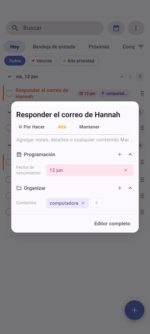 Interfaz de gestión de tareas de TaskForge para Android mostrando capacidades de edición avanzadas con controles nativos de Android y Material Design
