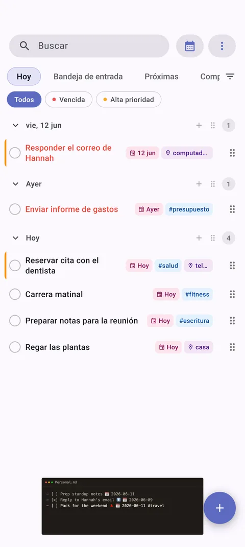 Configuración de vault de TaskForge para Android mostrando integración directa de Obsidian con Material Design y acceso al sistema de archivos de Android