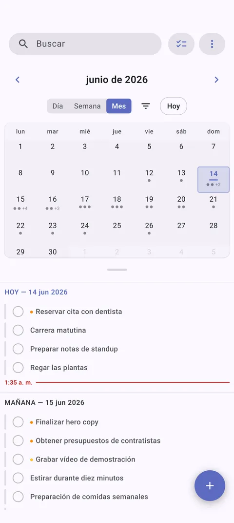 Vista de calendario de TaskForge para Android mostrando programación de tareas y gestión de fechas de vencimiento con interfaz de calendario Material Design