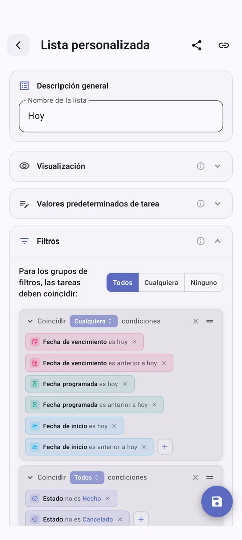 Listas de tareas personalizadas de TaskForge para Android mostrando organización personalizada con Material Design y filtrado optimizado para Android
