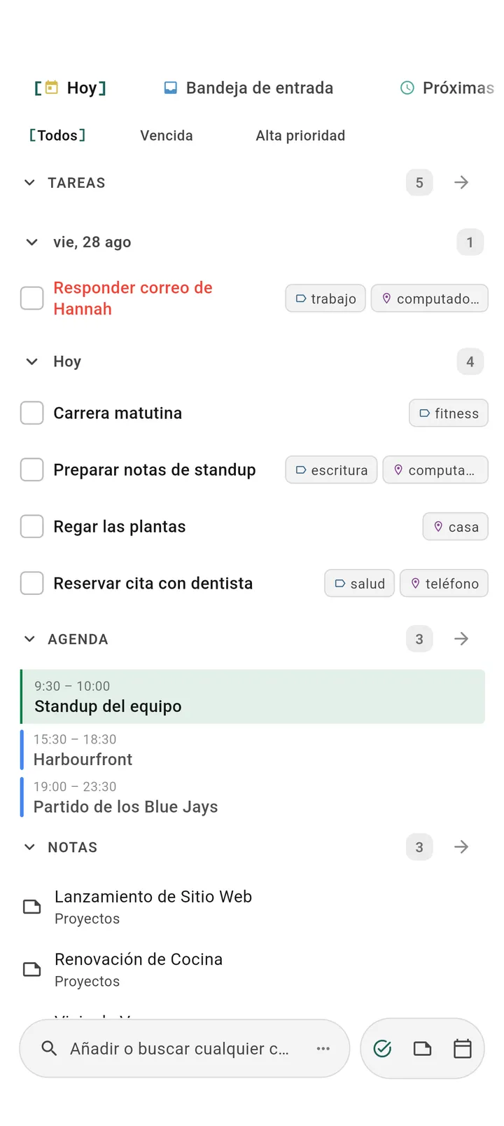 App de gestión de tareas de Obsidian TaskForge para Android con Material Design mostrando espacios móviles, gestión de proyectos GTD y navegación nativa de Android para planificación diaria