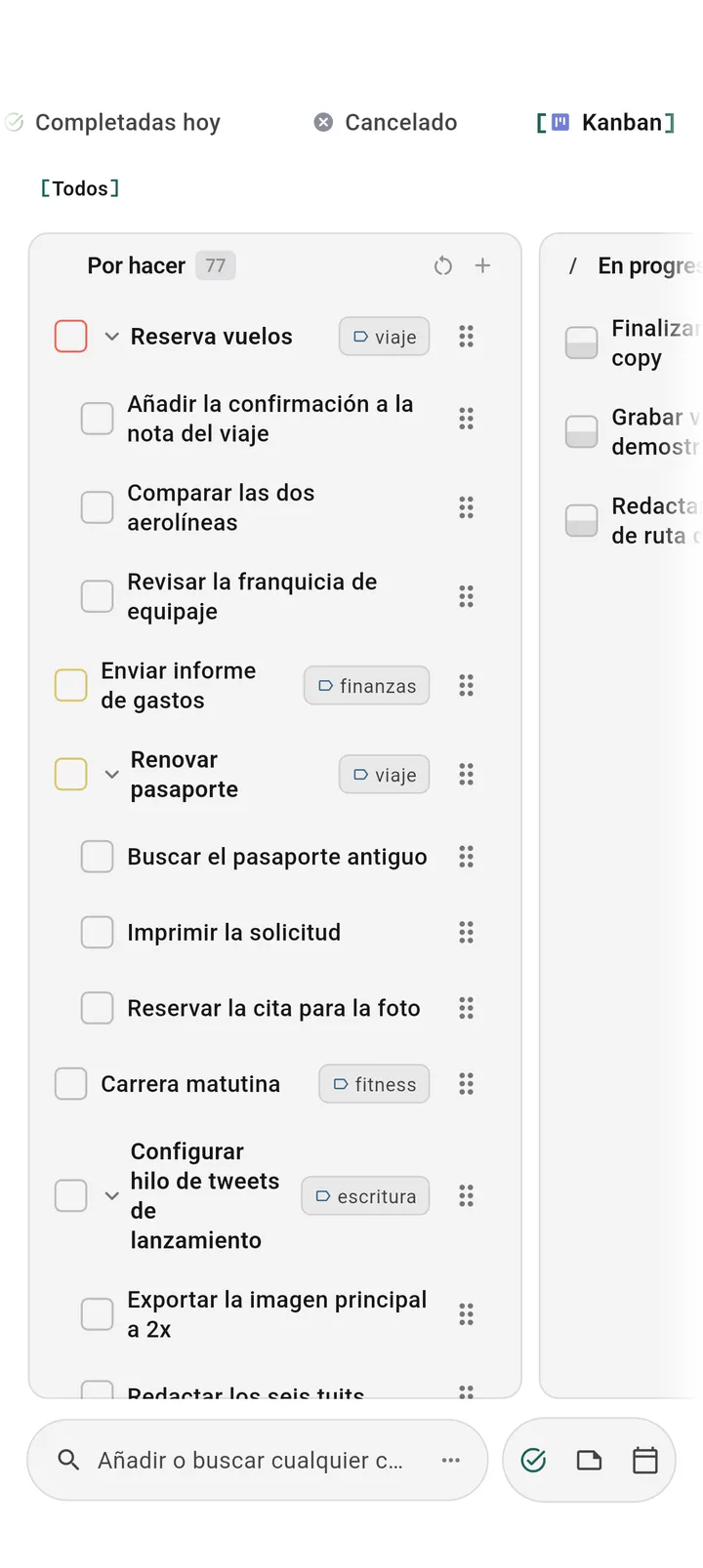Vista de tablero kanban de TaskForge para Android mostrando organización visual de tareas optimizada para interfaz táctil de Android