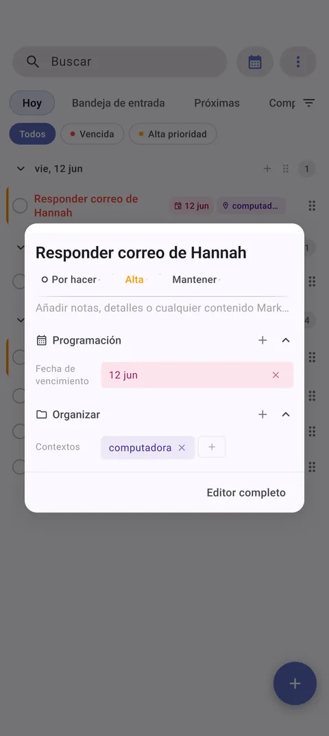 Interfaz de gestión de tareas de TaskForge para Android mostrando capacidades de edición avanzadas con controles nativos de Android y Material Design