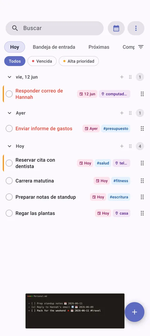 Configuración de vault de TaskForge para Android mostrando integración directa de Obsidian con Material Design y acceso al sistema de archivos de Android