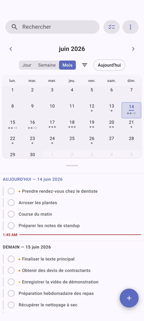 Vue calendrier Android TaskForge montrant la planification de tâches et gestion des dates d'échéance avec interface calendrier Material Design