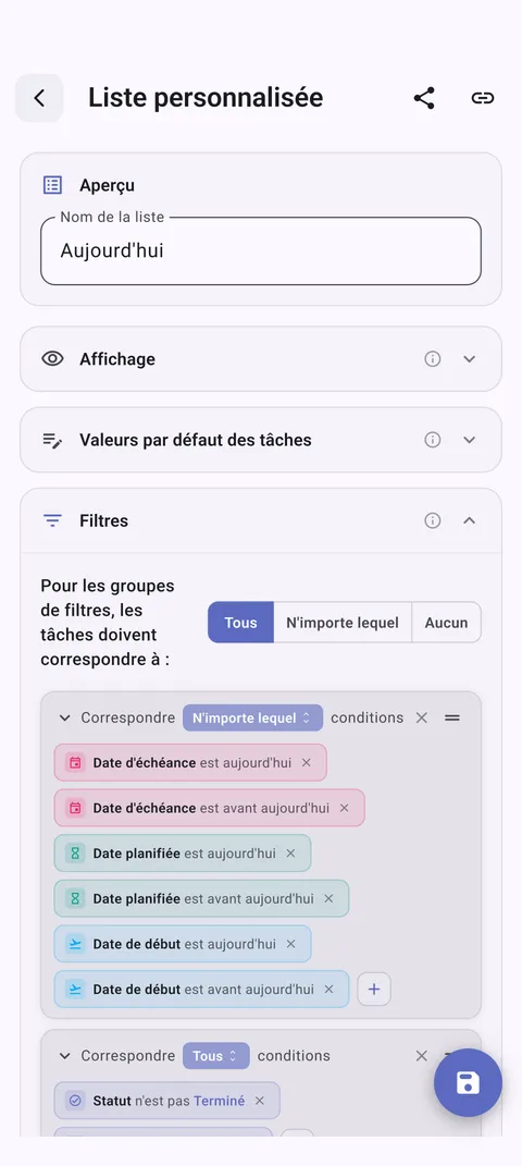 Listes de tâches personnalisées Android TaskForge montrant l'organisation personnalisée avec Material Design et filtrage optimisé Android
