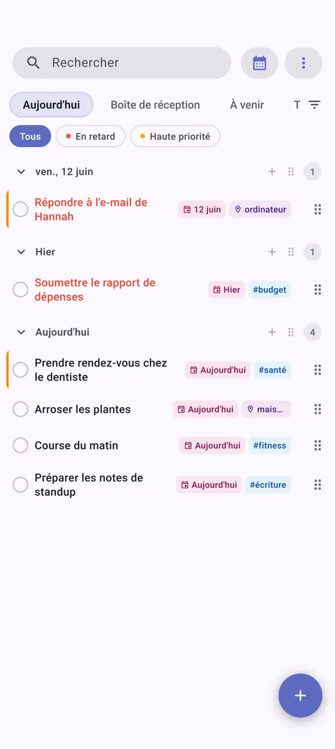 Application Android de gestion de tâches Obsidian TaskForge avec Material Design montrant les listes de tâches mobiles, gestion de projet GTD et navigation Android native pour la planification quotidienne