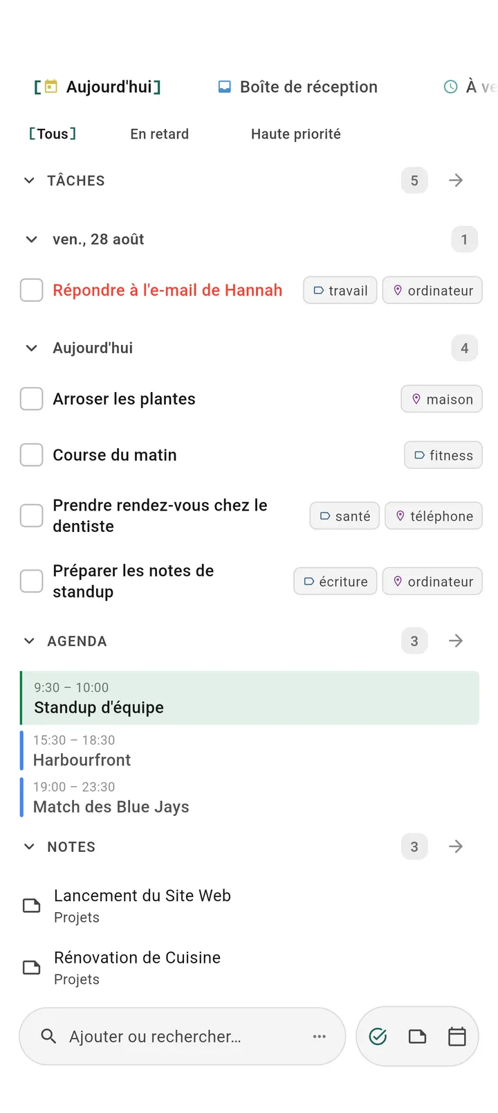 Application Android de gestion de tâches Obsidian TaskForge avec Material Design montrant les espaces mobiles, gestion de projet GTD et navigation Android native pour la planification quotidienne