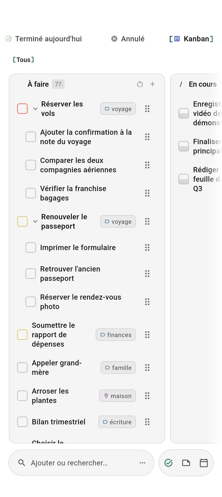 Vue tableau kanban Android TaskForge montrant l’organisation visuelle de tâches optimisée pour l’interface tactile Android