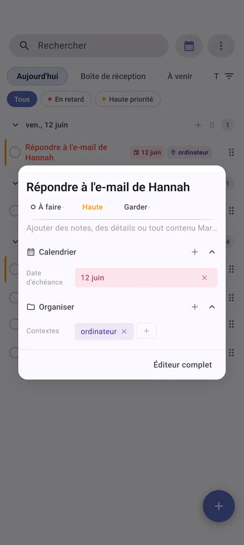 Interface de gestion de tâches Android TaskForge montrant les capacités d'édition avancées avec contrôles natifs Android et Material Design