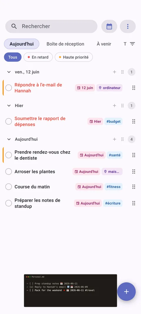 Configuration du coffre Android TaskForge montrant l'intégration Obsidian transparente avec Material Design et accès au système de fichiers Android