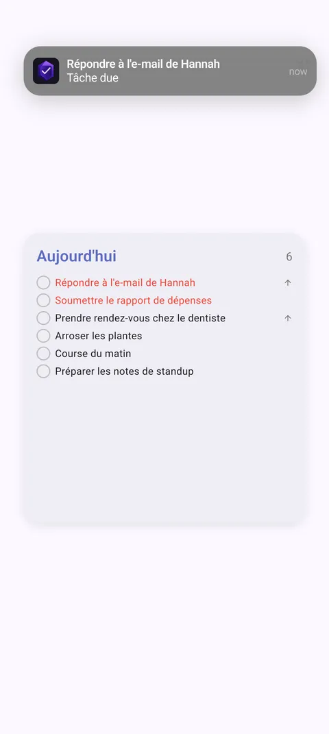 Widgets et notifications Android TaskForge avec gestion interactive des tâches sur l'écran d'accueil avec Material Design et rappels intelligents