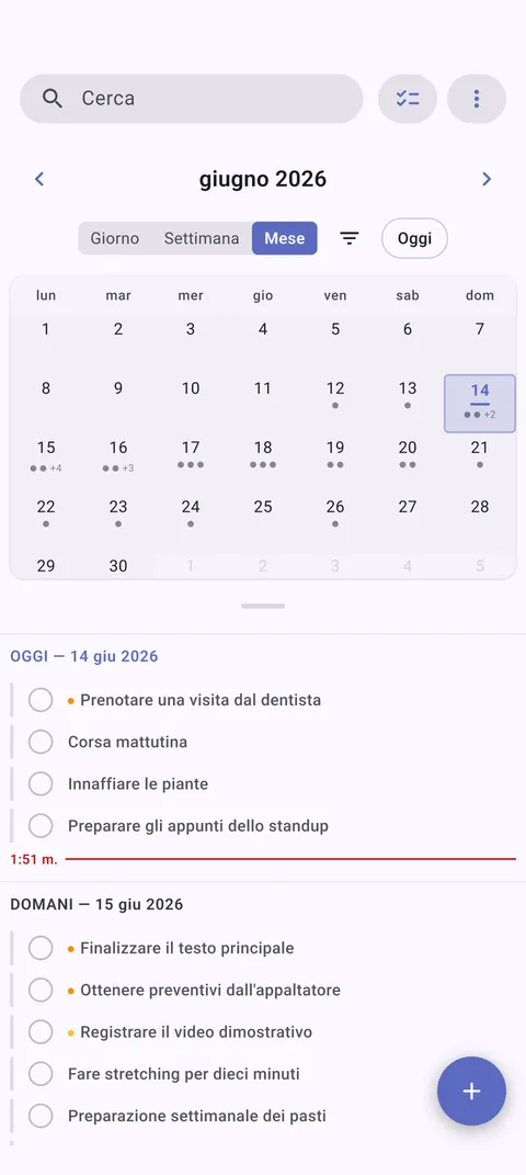 Vista calendario TaskForge Android che mostra programmazione attività e gestione date scadenza con interfaccia calendario Material Design