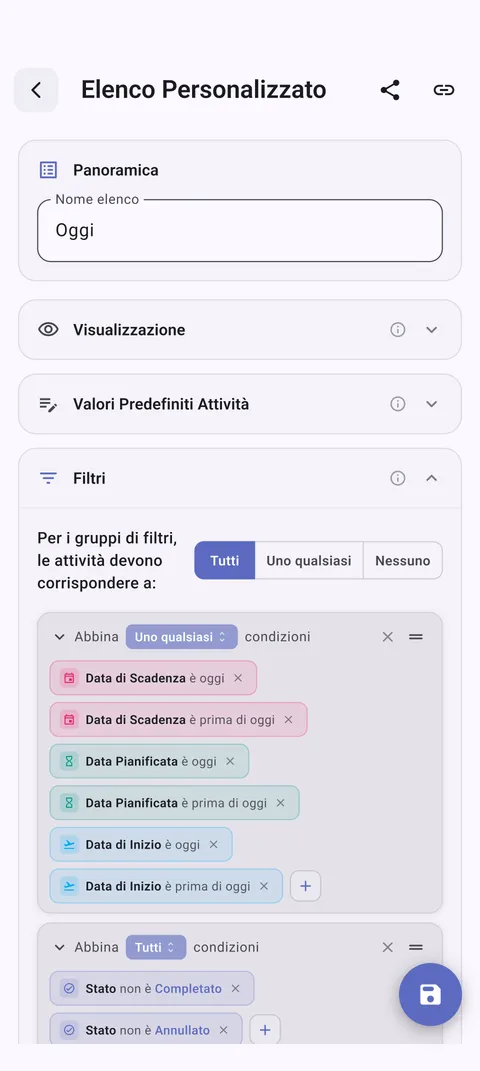 Liste attività personalizzate TaskForge Android che mostrano organizzazione personalizzata con Material Design e filtri ottimizzati Android