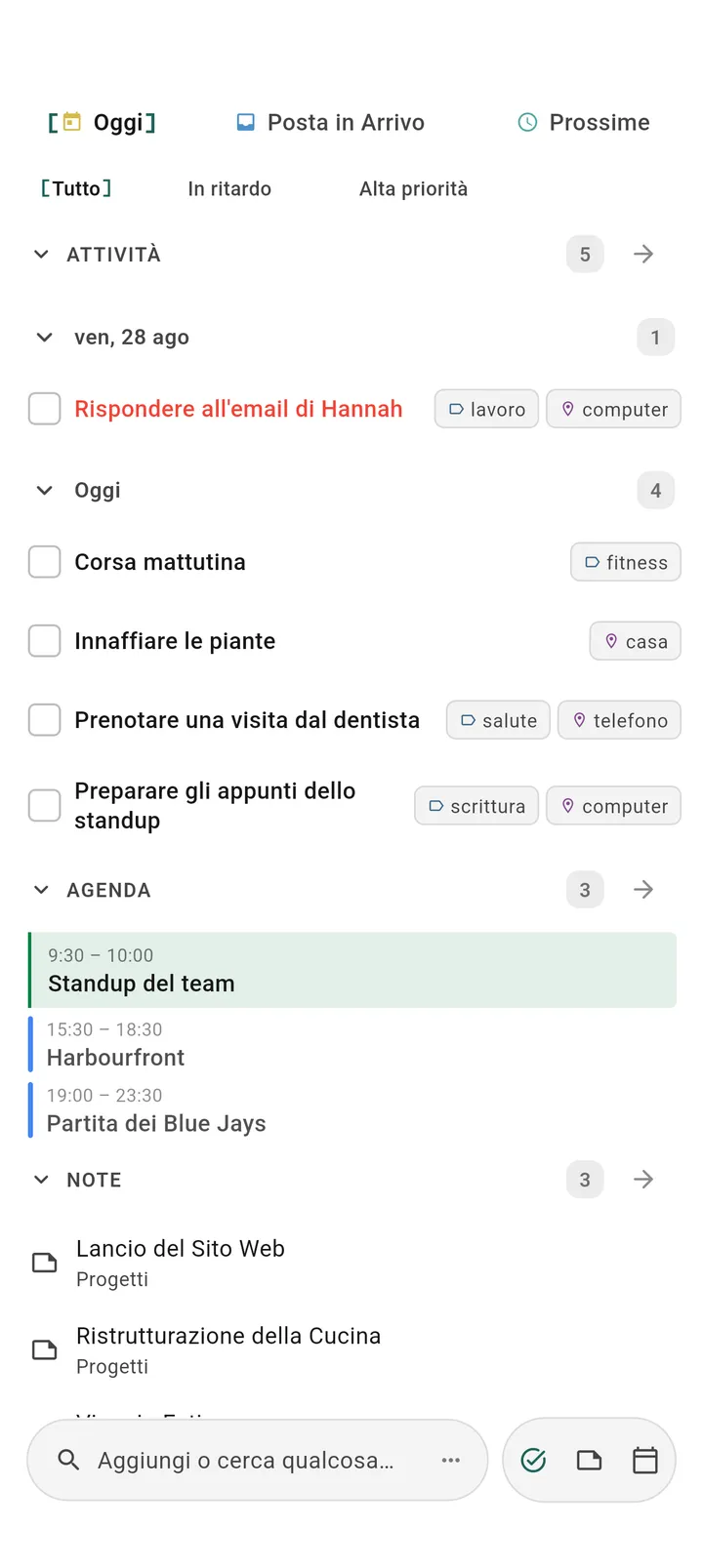 App TaskForge Android, app to-do per Obsidian con Material Design che mostra Spazi mobile, gestione progetti GTD e navigazione Android nativa per pianificazione giornaliera