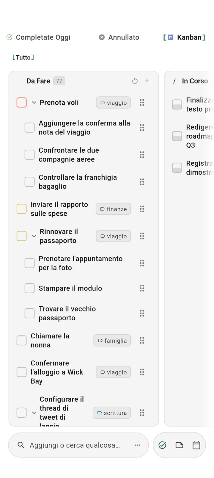 Vista bacheca kanban TaskForge Android che mostra organizzazione visiva attività ottimizzata per interfaccia touch Android