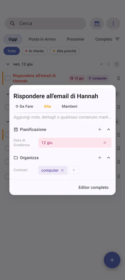 Interfaccia gestione attività TaskForge Android che mostra capacità editing avanzate con controlli Android nativi e Material Design