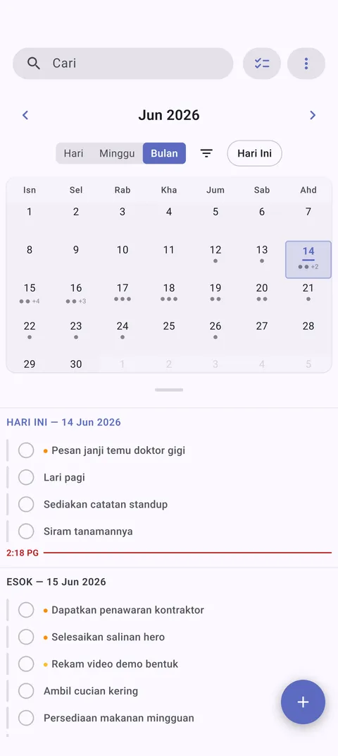 Paparan kalendar TaskForge Android menunjukkan penjadualan tugas dan pengurusan tarikh akhir dengan antara muka kalendar Material Design
