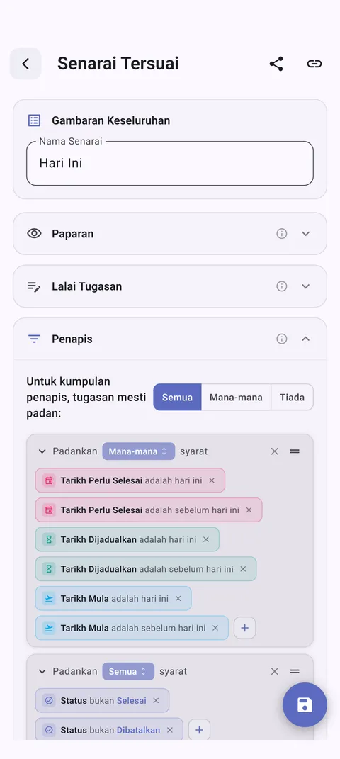 Senarai tugas tersuai TaskForge Android menunjukkan organisasi peribadi dengan Material Design dan penapisan yang dioptimumkan Android
