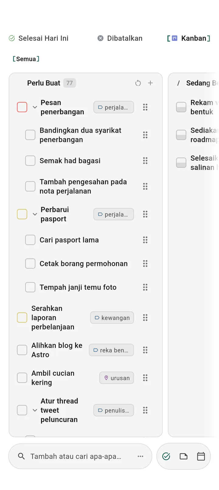 Paparan papan kanban TaskForge Android menunjukkan organisasi tugas visual yang dioptimumkan untuk antara muka sentuh Android