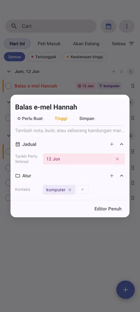 Antara muka pengurusan tugas TaskForge Android menunjukkan keupayaan penyuntingan lanjutan dengan kawalan Android asli dan Material Design