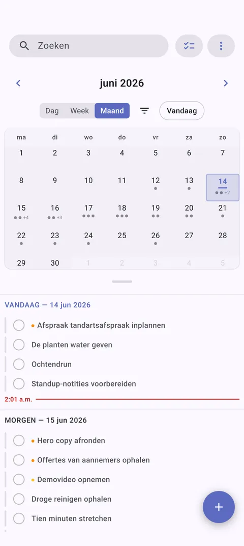 TaskForge Android kalenderweergave met taakplanning en deadline-beheer met Material Design kalender interface