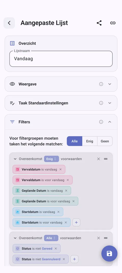 TaskForge Android aangepaste takenlijsten met gepersonaliseerde organisatie met Material Design en Android-geoptimaliseerde filtering