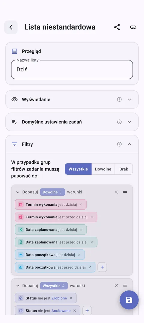 Niestandardowe listy zadań TaskForge Android pokazujące spersonalizowaną organizację z Material Design i filtrowaniem zoptymalizowanym dla Android