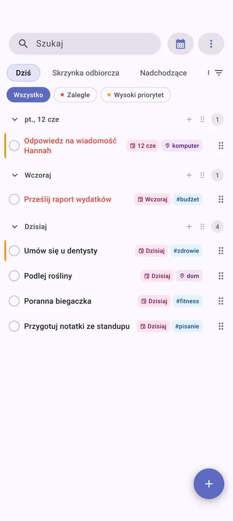 Aplikacja TaskForge Android menedżer zadań Obsidian z Material Design pokazująca mobilne listy zadań, zarządzanie projektami GTD i natywną nawigację Android do codzieńnego planowania