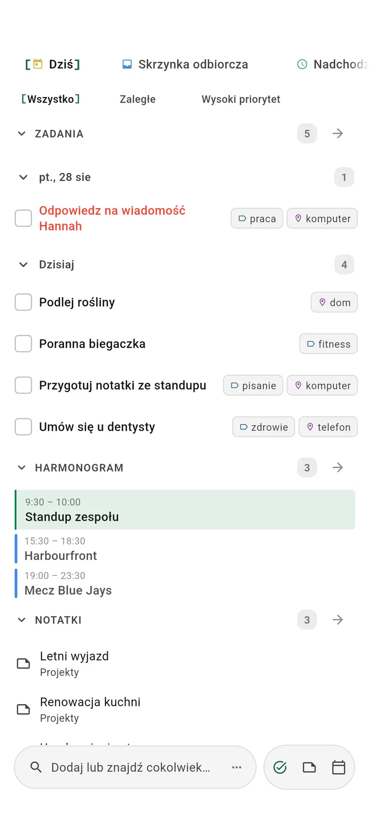 Aplikacja do zadań Obsidian TaskForge na Androida z Material Design, pokazująca mobilne przestrzenie, zarządzanie projektami GTD i natywną nawigację Android do codziennego planowania